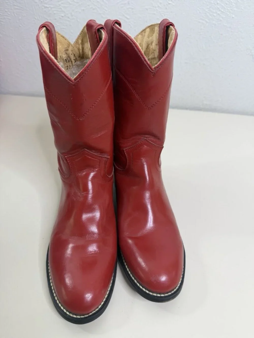 VTG Justin 3D Youth Red Leather Roper Boots Western GUC